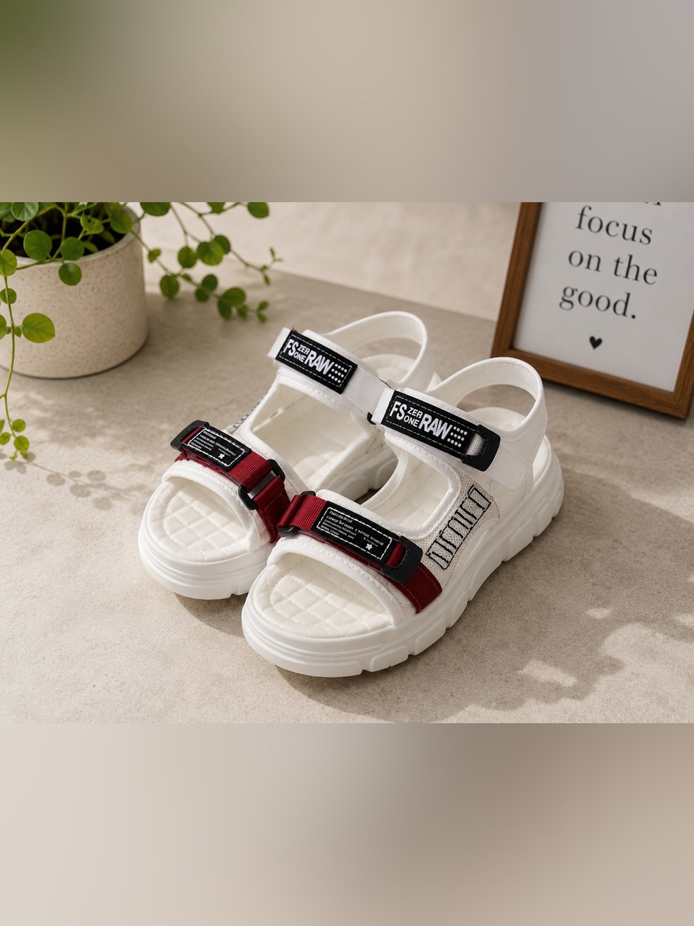 White & Burgundy Platform Sport Sandals with Velcro Straps